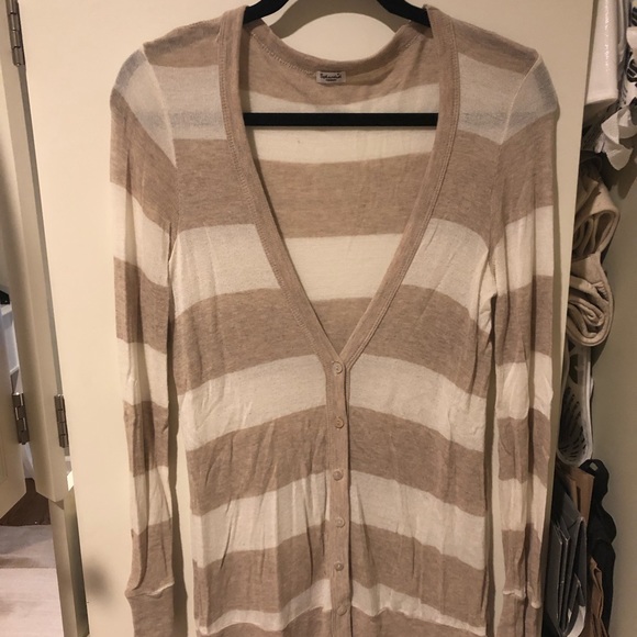 Splendid Neutral Beige and Cream Striped Deep V-neck Sweater Size: Medium - Picture 2 of 5
